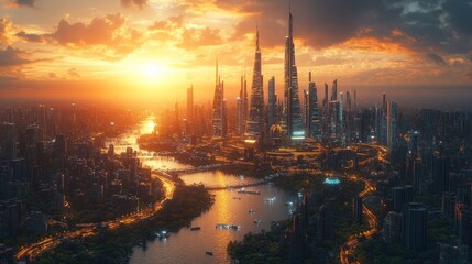 Obraz premium Futuristic Cityscape at Sunset: A Breathtaking Aerial View