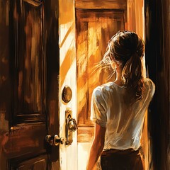 A person shows various facial expressions A woman stands at an open door, bathed in warm sunlight, symbolizing new beginnings and opportunities.