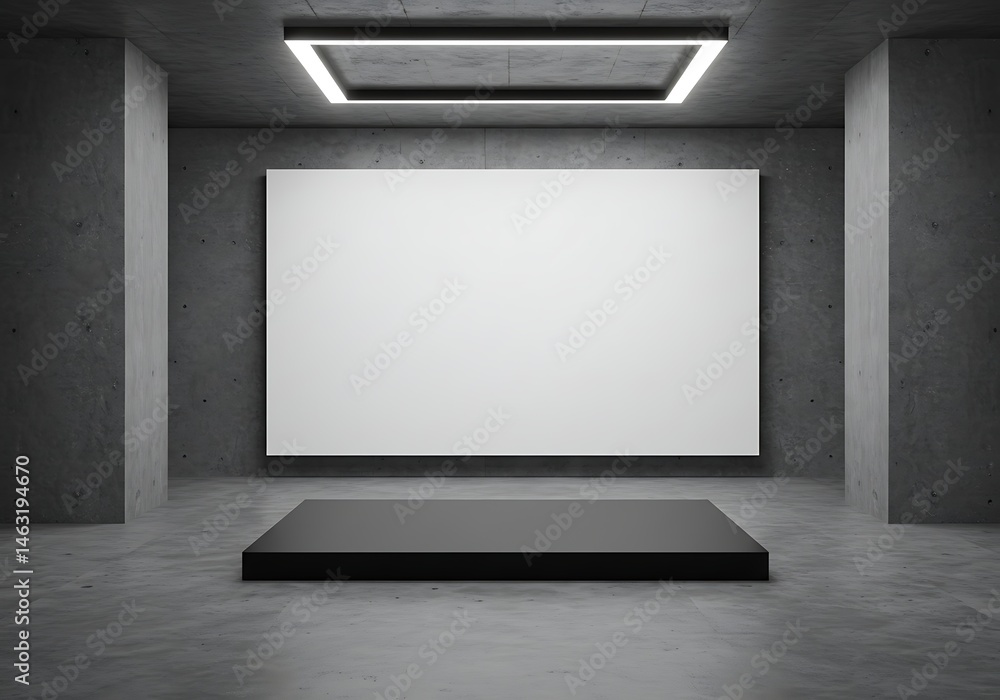 Poster modern minimalist gallery interior with blank canvas and platform display