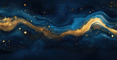 Abstract swirling navy blue and gold marbled design