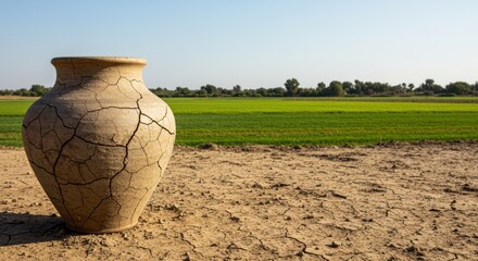 A Cracked Clay Jar in a Dried Out Field, Symbol of Drought and Aridity, Under a Clear Sky