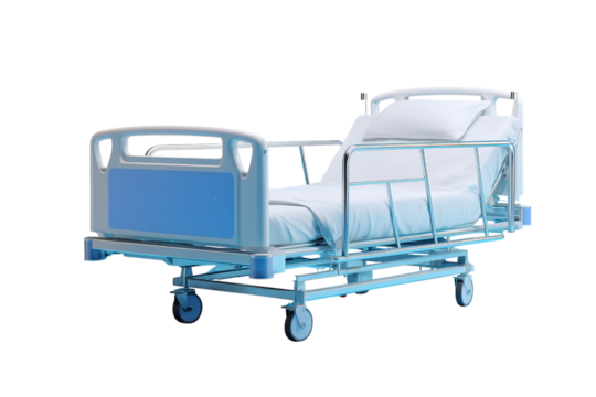 Clean White Hospital Bed With Blue Metal Frame On Transparent Background