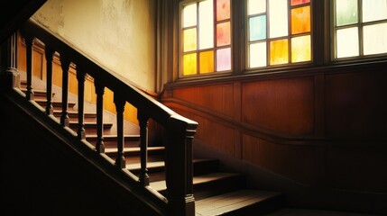 Obraz premium Old wooden staircase, stained glass window, interior, sunlight