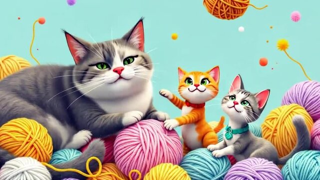 Animated Cats and Yarn - Playful Motion Graphics Background Loop