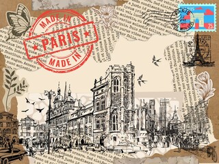 Old newspaper vintage collage art and Paris France illustration background