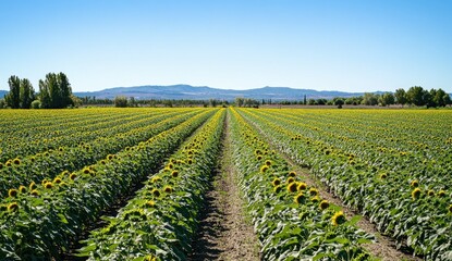 Sunflowers field stretching to horizon