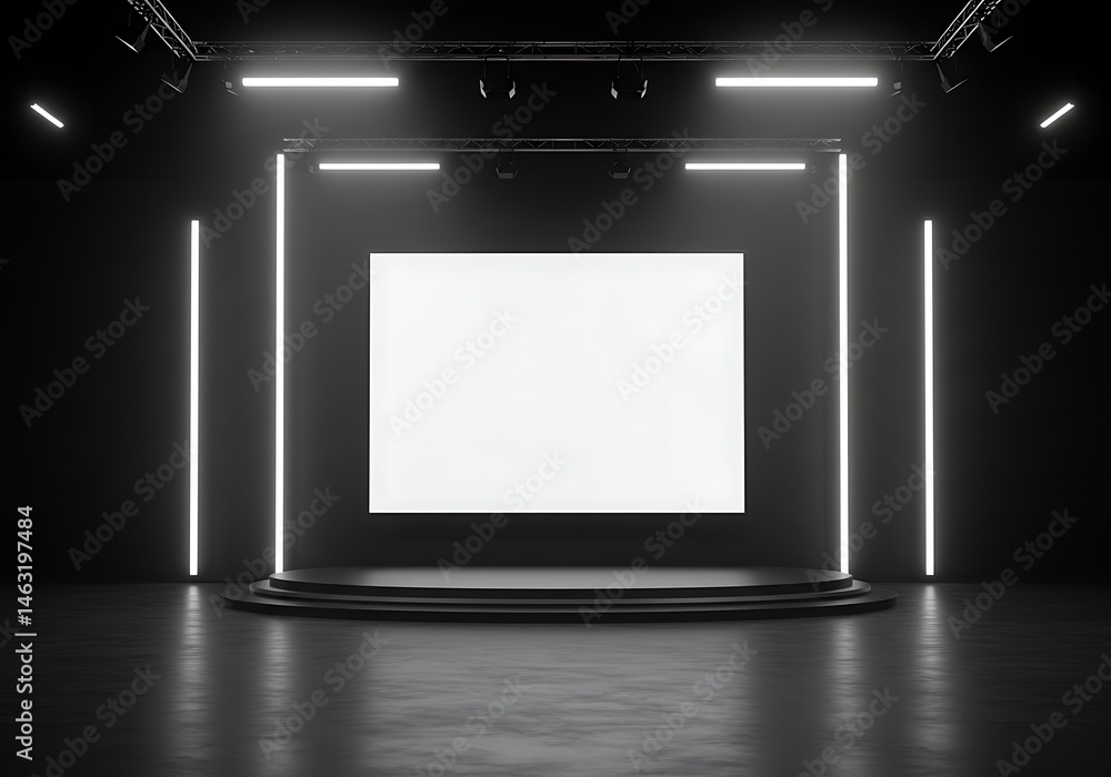 Poster sleek presentation stage setup with blank screen in dark illuminated space