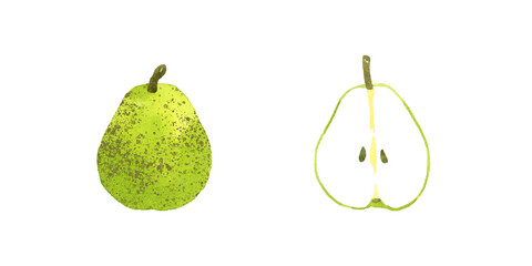 半分にカットしたラ・フランス（洋ナシ、西洋梨）　フルーツの手描き水彩イラスト素材