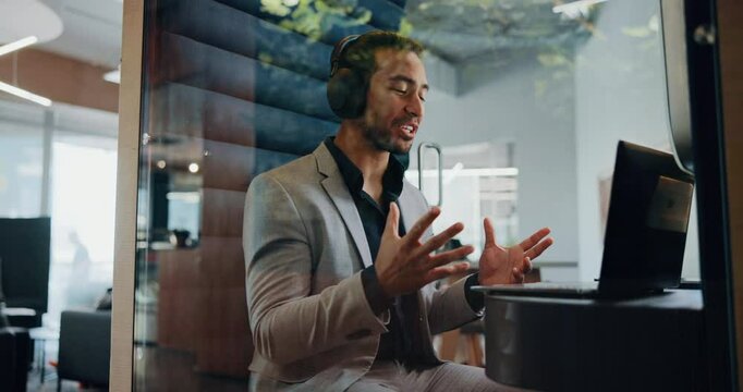 Video call, laptop and business man at airport lounge for sound proof booth, online meeting and webinar. Discussion, virtual conference and growth with employee and headphones for chat and speaker