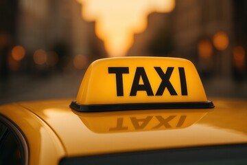 Illuminated taxi sign on a yellow cab at sunset in the city