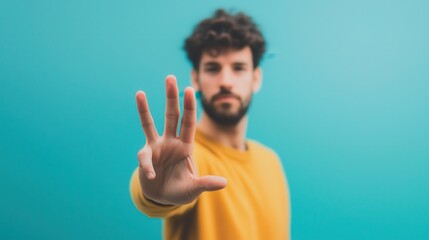 Naklejka premium Young man showing hand gesture with palm forward against a vibrant turquoise background in a casual setting.