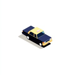 Isometric illustration of a classic black and yellow taxi cab with a retro design, casting a soft shadow on a light background