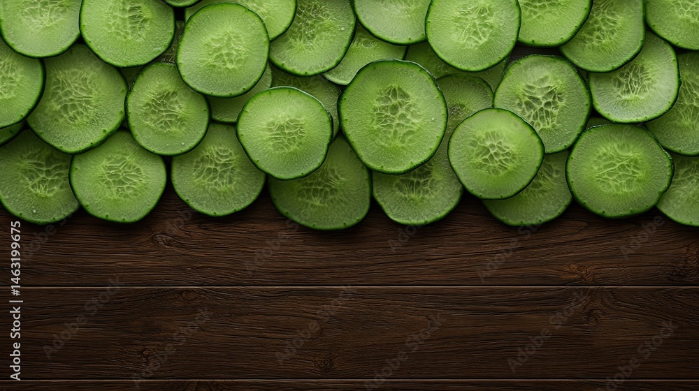 Poster fresh cucumber slices arranged in a row on a dark wooden background, creating a vibrant and healthy 