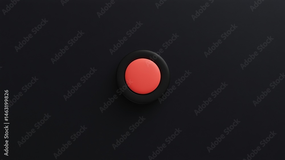 Poster minimalist image of a single red button centered on a black background.