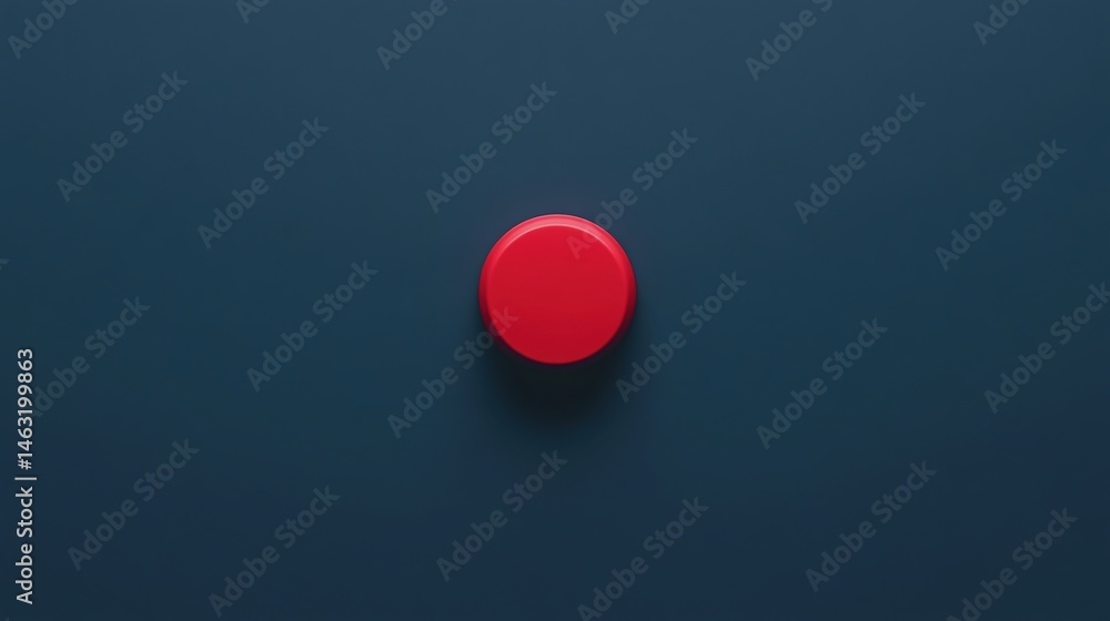 Poster a single red button is centered on a dark blue background with minimalistic style.