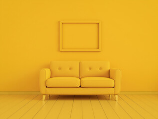 A vibrant yellow sofa sits against a solid yellow wall with a blank frame.