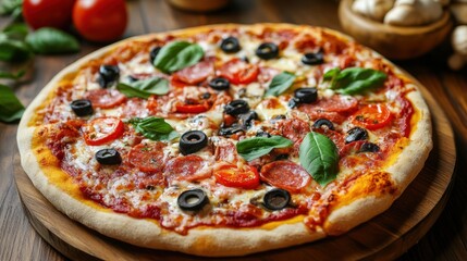 Delicious Italian pizza with vibrant toppings on a wooden surface