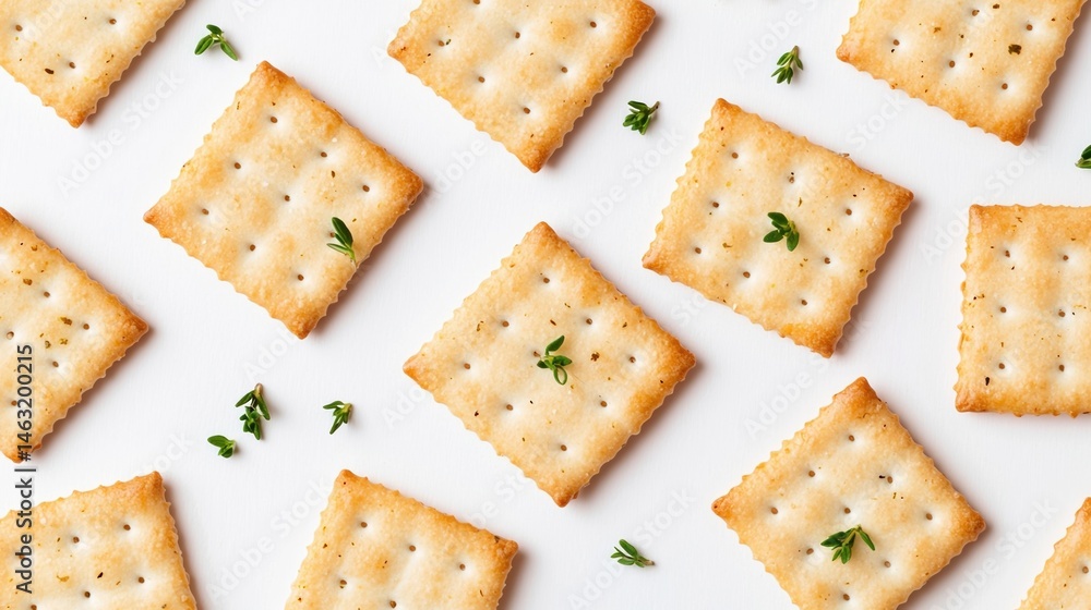 Poster square crackers with herbs are arranged in a neat, repeating pattern on a white background.