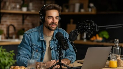 Smiling Young Man Wearing Headphones Recording a Podcast in a Cozy Studio Environment - Powered by Adobe