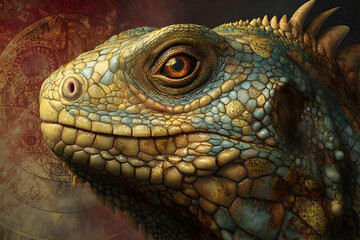 Fototapeta premium Detailed close-up view of a lizard's head.