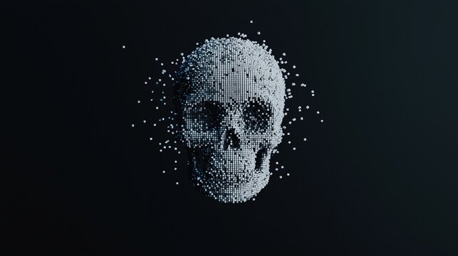A digital skull made of small white spheres floats on a dark background, creating a modern, abstract effect.
