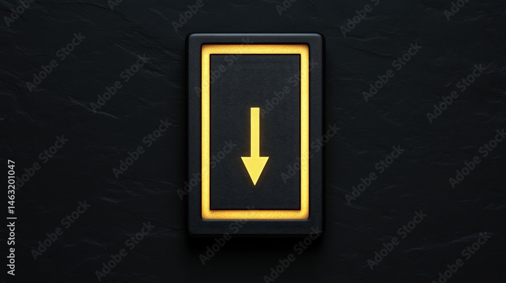 Poster a black rectangular button with a glowing yellow downward arrow in the center, placed on a dark text