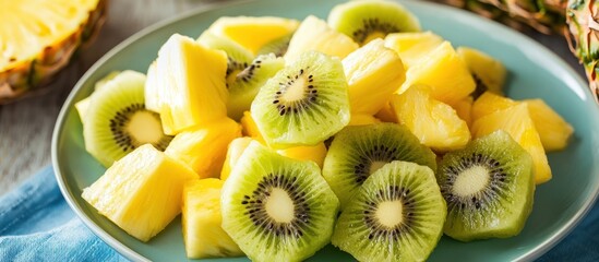 A vibrant mix of diced pineapple and kiwi slices.