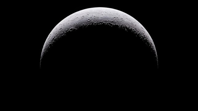 A detailed crescent moon appears against a deep black sky, showcasing its cratered surface and rugged lunar terrain. - Powered by Adobe