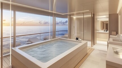 Modern Luxury Bathroom with Ocean View and Spa Bathtub at Sunset in Elegant Hotel Suite