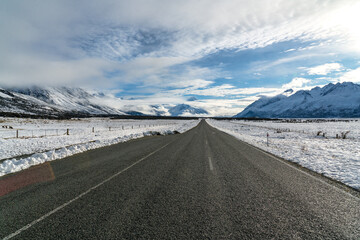 Fresh dump of snow on the way to Aoraki Mt Cook National Park