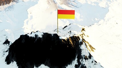 3D rendering of the Grand Duchy of Baden's historical flag, featuring a yellow-red-yellow horizontal triband, gracefully waving atop a snow-covered mountain peak, symbolizing regional pride and herita