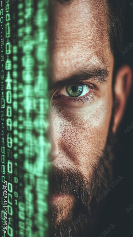 Poster a man with a beard and green eyes is shown with his face partially hidden by a green screen. the ima