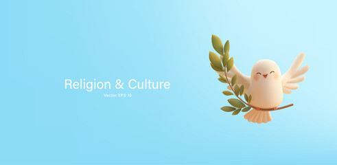 3D cute dove character with olive branch on blue sky background. Childhood, peace, religion, prayer. Symbol of hope. Vector illustration