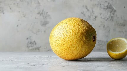 Round, yellow fruit with bumpy texture next to a lemon slice on a light gray surface