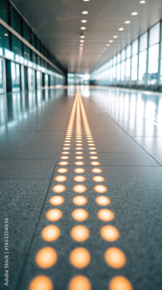 Poster a long hallway with a line of yellow dots on the floor. the dots are spaced out and are not connecte