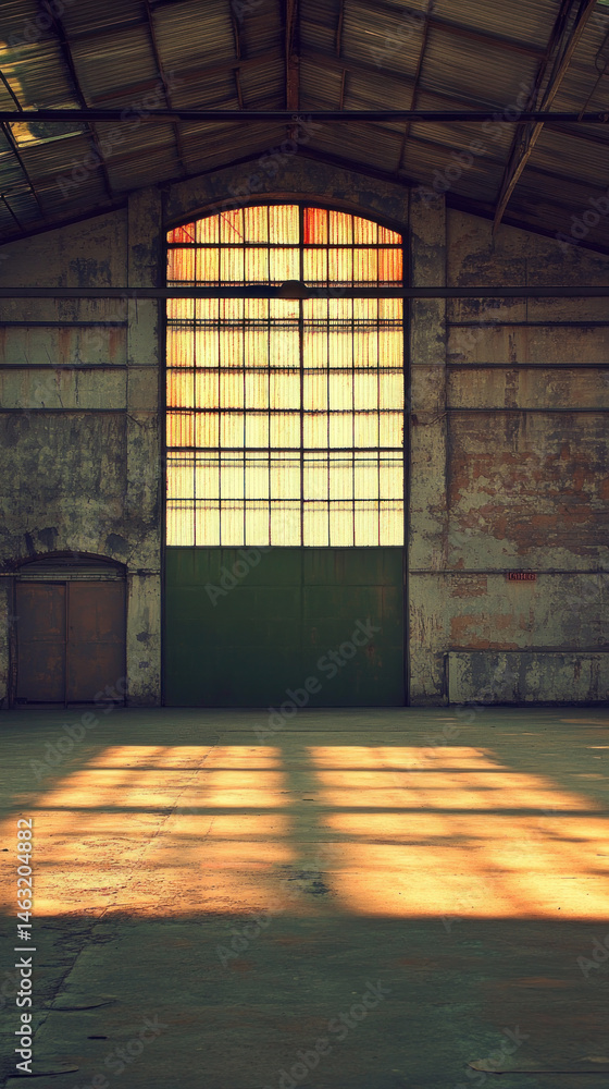 Poster a large, empty building with a green door and a window. the window is letting in sunlight, creating 