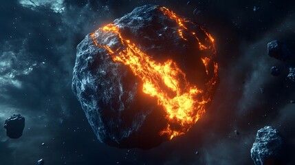 Asteroid with Lava Flows: An asteroid with active lava flows on its surface, glowing brightly against the cold, dark backdrop of space. 
