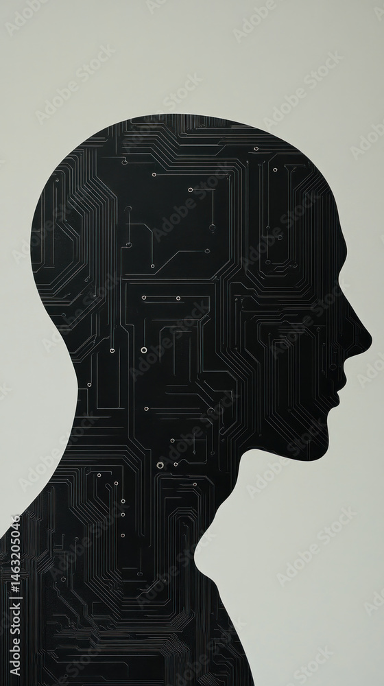 Aufkleber a black and white image of a head with a black and white pattern of circuitry. the image is abstract