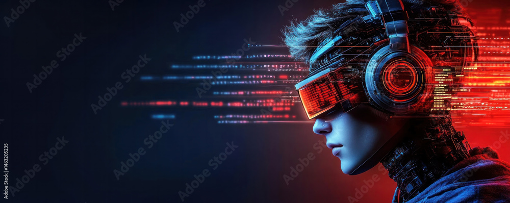 Poster a man wearing a virtual reality headset is staring at the camera. the image is a representation of t