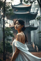 Asian woman in white dress with temple background portrait photography travel japan china