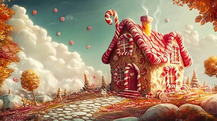 Obraz premium Cozy gingerbread house adorned with candy canes sits amid a dreamy landscape setting