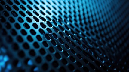 Close-up of metallic mesh surface with blue lighting effects