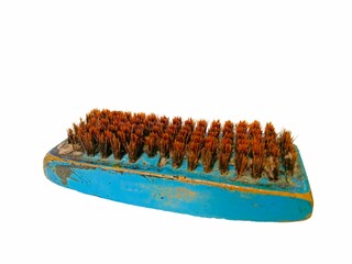 Used Brush with Blue Handle and Brown Bristles on White Background