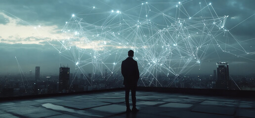 Fototapeta premium Businessman standing on a rooftop with a network connection, smart city, and digital technology concept in the background