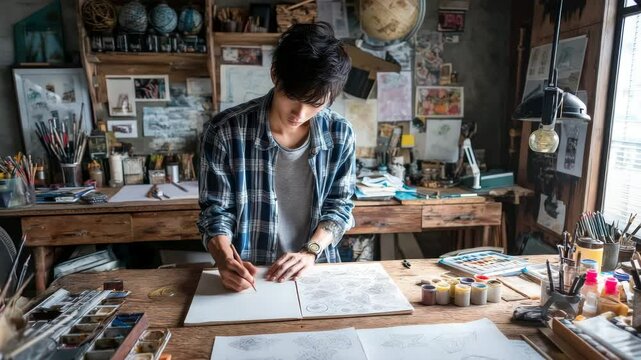 Young Artist Creating Intricate Drawings in a Creative Workspace with Natural Light