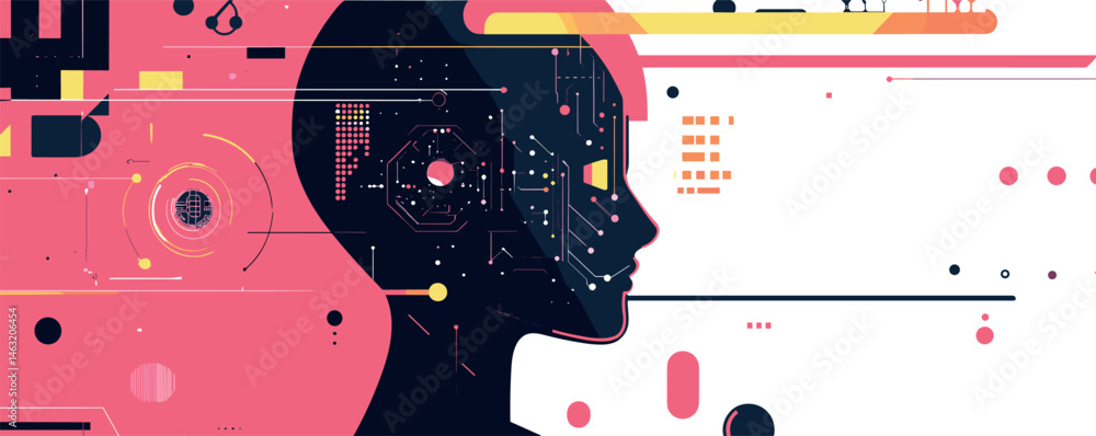 Poster digital art of futuristic woman's profile with circuit elements and abstract design.
