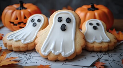 Spooky Halloween ghost cookies displayed with cute pumpkin decorations creating a festive and delightful Autumn holiday.