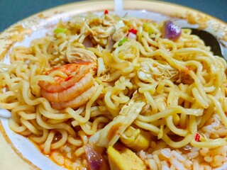 Serving of Noodle Dish with Shrimp and Vegetables