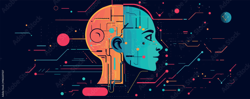 Poster digital human head with futuristic ai interface and circuit design elements.