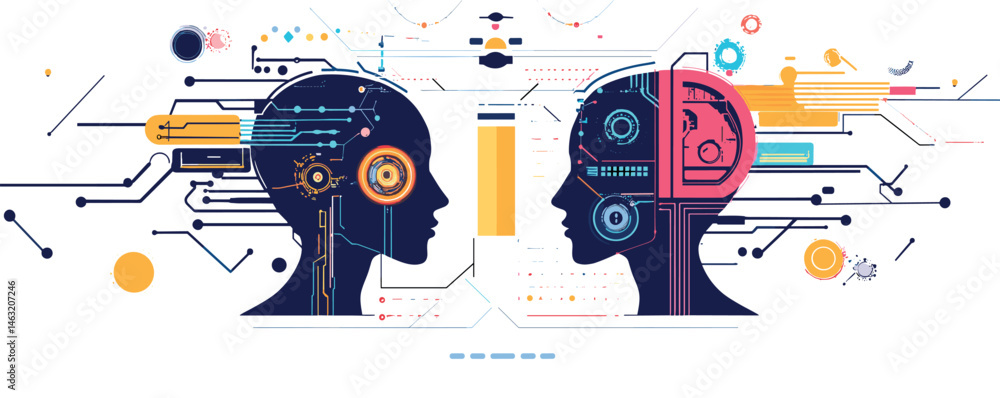 Poster silhouettes of two human heads with circuitry and gears representing ai communication.